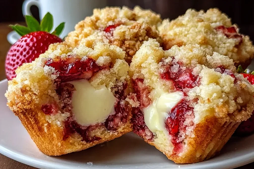 Strawberry Cream Cheese Muffins with fresh strawberries, creamy cheesecake filling, and buttery crumb topping cut open on a plate.