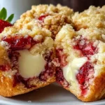 Strawberry Cream Cheese Muffins with fresh strawberries, creamy cheesecake filling, and buttery crumb topping cut open on a plate.