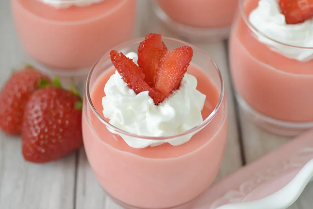 Strawberry Greek Yogurt Jello cups topped with whipped cream and sliced strawberries, arranged on a wooden surface.
