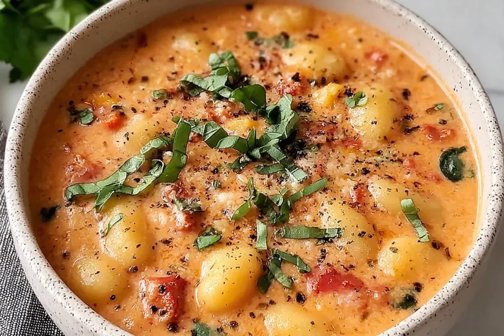 Bowl of creamy Sun Dried Tomato Gnocchi Soup with pillowy gnocchi, tomato pieces, basil on top, and cracked black pepper.