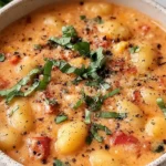 Bowl of creamy Sun Dried Tomato Gnocchi Soup with pillowy gnocchi, tomato pieces, basil on top, and cracked black pepper.