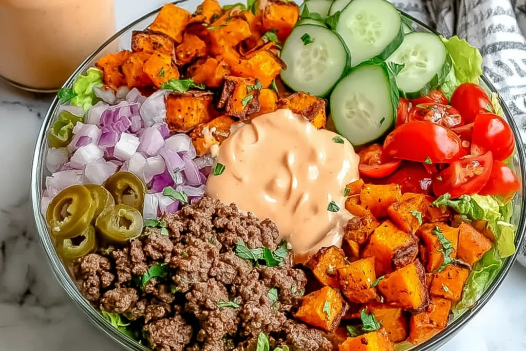 Sweet Potato Burger Bowl topped with creamy special sauce, featuring roasted sweet potatoes, seasoned ground beef, cucumbers, tomatoes, jalapeños, and red onion on lettuce.