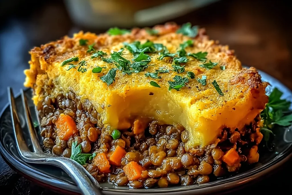 Sweet Potato & Lentil Shepherd’s Pie slice with golden sweet potato topping, savory lentil-vegetable filling, and fresh herbs on a plate.