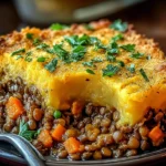 Sweet Potato & Lentil Shepherd’s Pie slice with golden sweet potato topping, savory lentil-vegetable filling, and fresh herbs on a plate.