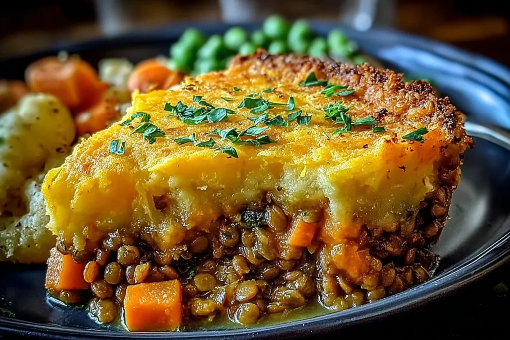 Sweet Potato & Lentil Shepherd’s Pie slice with crispy golden sweet potato topping, hearty lentil and carrot filling, and herbs on a plate.