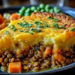 Sweet Potato & Lentil Shepherd’s Pie slice with crispy golden sweet potato topping, hearty lentil and carrot filling, and herbs on a plate.