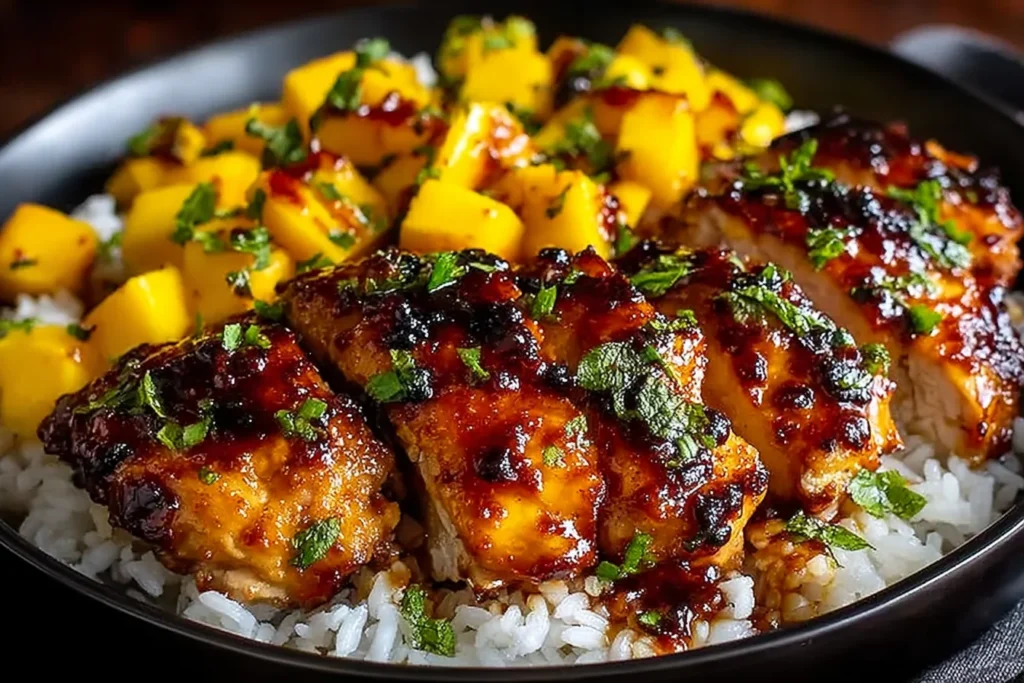 Sweet & Savory Asian Mango Glazed Chicken served over jasmine rice with fresh mango chunks, sticky glaze, and cilantro garnish.