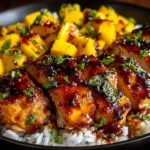 Sweet & Savory Asian Mango Glazed Chicken served over jasmine rice with fresh mango chunks, sticky glaze, and cilantro garnish.