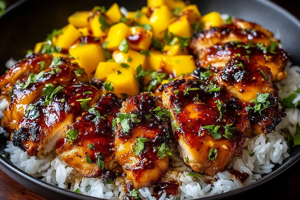 Sweet & Savory Asian Mango Glazed Chicken thighs over jasmine rice with caramelized mango glaze, fresh mango cubes, and cilantro.