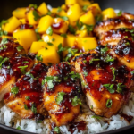Sweet & Savory Asian Mango Glazed Chicken thighs over jasmine rice with caramelized mango glaze, fresh mango cubes, and cilantro.