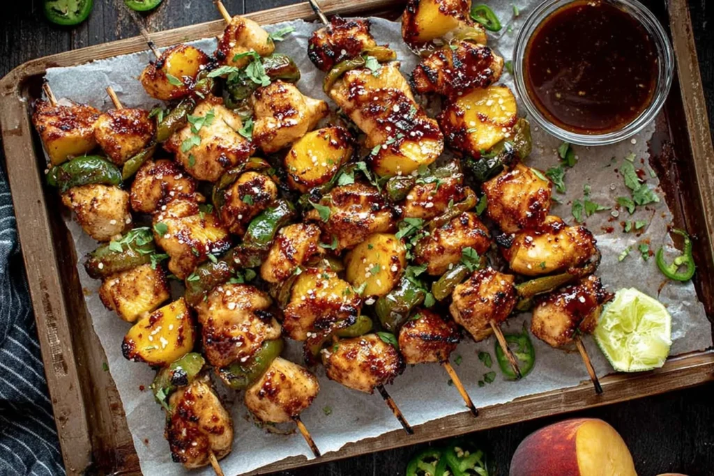 Jalapeno Peach Chicken Skewers glazed with peach sauce, air-fried chicken pieces with peaches and jalapeños on wooden skewers.