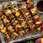 Jalapeno Peach Chicken Skewers glazed with peach sauce, air-fried chicken pieces with peaches and jalapeños on wooden skewers.