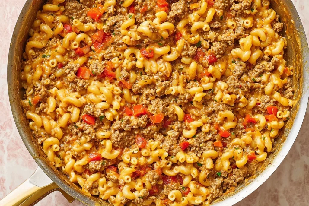Close-up skillet of Taco Mac and Cheese with seasoned ground beef, cheesy elbow pasta, and diced red bell peppers.