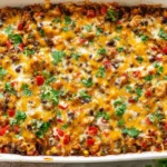 Chicken and Lentil Casserole baked Tex-Mex style with melted cheese, black beans, corn, peppers, and fresh cilantro in a white casserole dish.