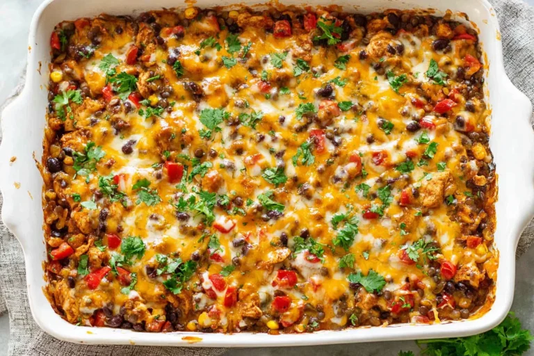 Chicken and Lentil Casserole baked Tex-Mex style with melted cheese, black beans, corn, peppers, and fresh cilantro in a white casserole dish.