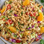 Thai Chicken Salad topped with peanuts and mandarin oranges, tossed with shredded chicken, cabbage, carrots, and creamy peanut-lime dressing.