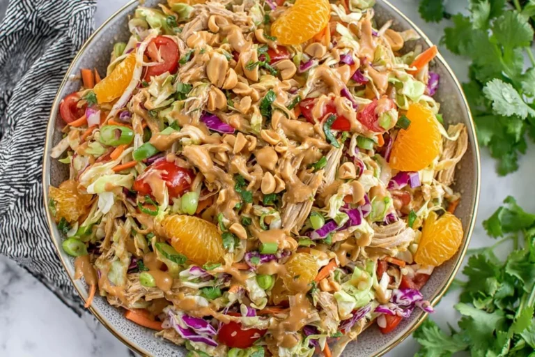 Thai Chicken Salad topped with peanuts and mandarin oranges, tossed with shredded chicken, cabbage, carrots, and creamy peanut-lime dressing.