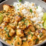 Thai Peanut Chicken bowl with creamy peanut sauce, jasmine rice, lime wedges, cilantro, and chopped peanuts.