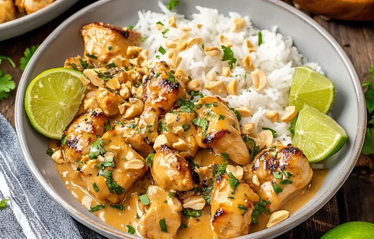 Thai Peanut Chicken bowl with creamy peanut sauce, jasmine rice, lime wedges, cilantro, and chopped peanuts.