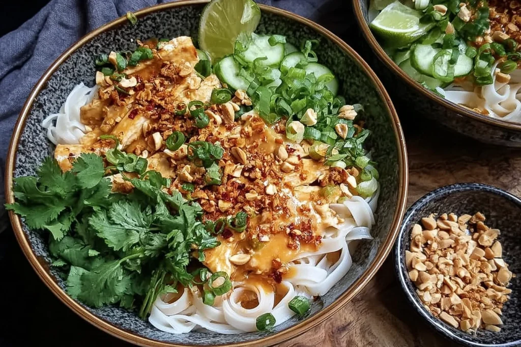Thai Peanut Chicken Noodle Bowls with wide rice noodles, tender chicken, creamy peanut sauce, cucumber, lime, cilantro, green onions, and chopped peanuts