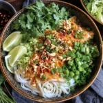 Thai Peanut Chicken Noodle Bowls with rice noodles, peanut sauce, lime wedges, green onions, cilantro, and crushed peanuts in a rustic bowl