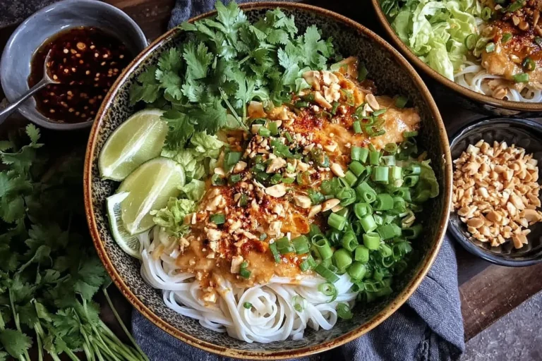 Thai Peanut Chicken Noodle Bowls with rice noodles, peanut sauce, lime wedges, green onions, cilantro, and crushed peanuts in a rustic bowl