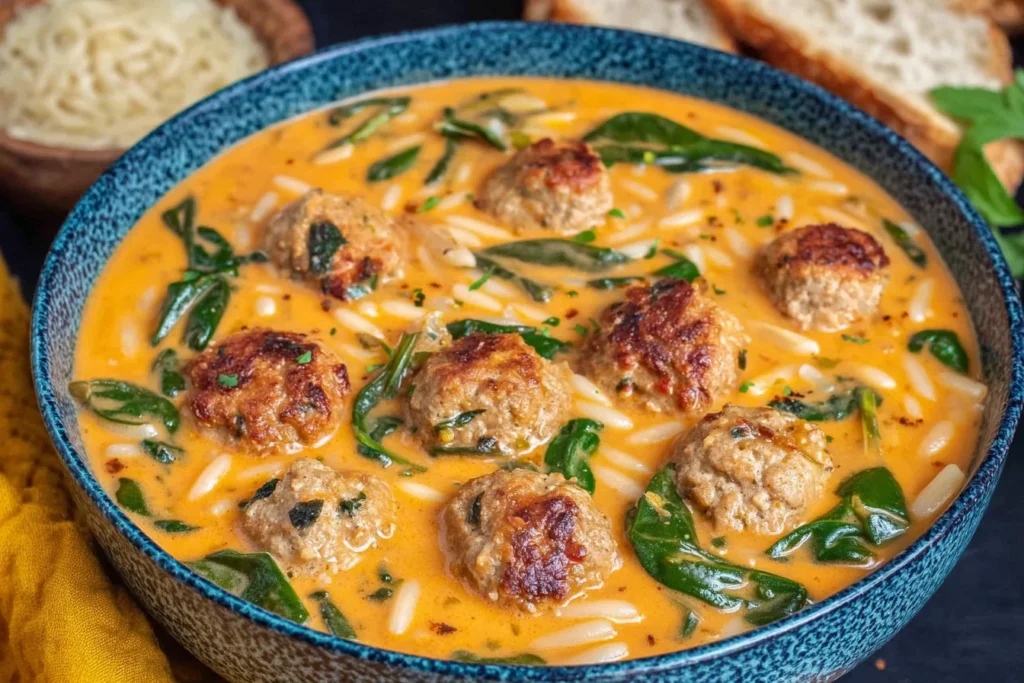 Close-up bowl of creamy Turkey Meatball Soup with orzo pasta, baby spinach, and browned turkey meatballs, served with crusty bread.