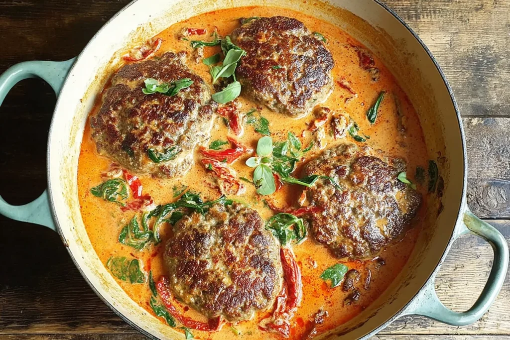 Tuscan Hamburger Steaks simmering in creamy garlic Parmesan sauce with spinach and sun-dried tomatoes in a skillet.