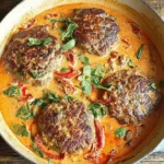 Tuscan Hamburger Steaks simmering in creamy garlic Parmesan sauce with spinach and sun-dried tomatoes in a skillet.
