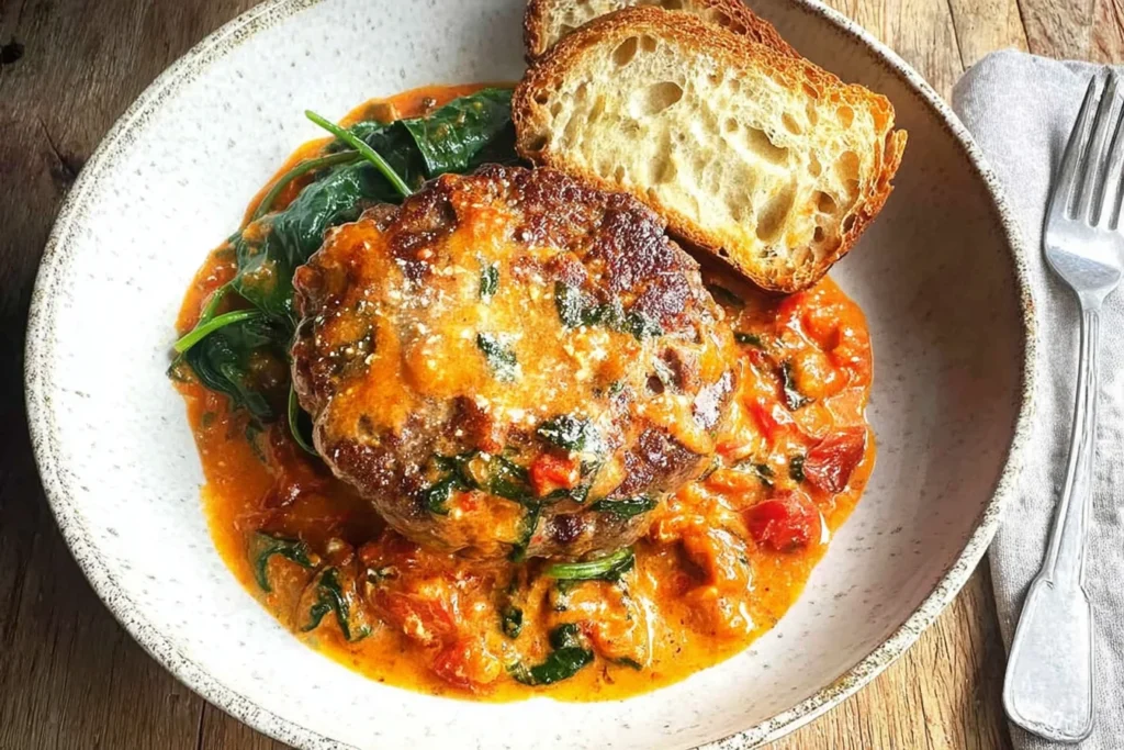 Tuscan Hamburger Steaks served in creamy Tuscan sauce with spinach and tomatoes, topped with Parmesan and paired with crusty bread.