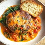 Tuscan Hamburger Steaks served in creamy Tuscan sauce with spinach and tomatoes, topped with Parmesan and paired with crusty bread.