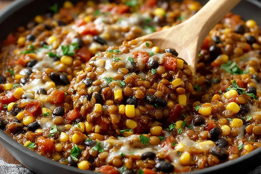 Vegetarian Mexican Lentils simmered with black beans, corn, tomatoes, and melted cheese, garnished with fresh cilantro in a skillet.