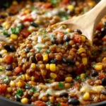 Vegetarian Mexican Lentils simmered with black beans, corn, tomatoes, and melted cheese, garnished with fresh cilantro in a skillet.