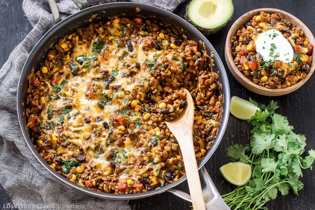 Vegetarian Mexican Lentils skillet with black beans, corn, tomatoes, and melted cheese, served with avocado, lime wedges, and cilantro.