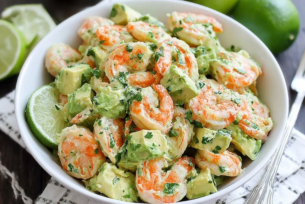 Avocado Shrimp Salad in a white bowl with creamy avocado cubes, juicy shrimp, fresh cilantro, and lime slices on the side.