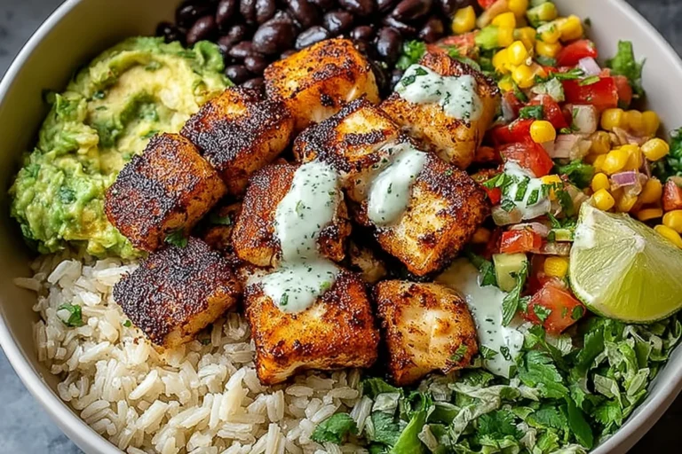 Fish Taco Buddha Bowl with blackened white fish, brown rice, black beans, corn salsa, guacamole, fresh herbs, and creamy ranch drizzle.