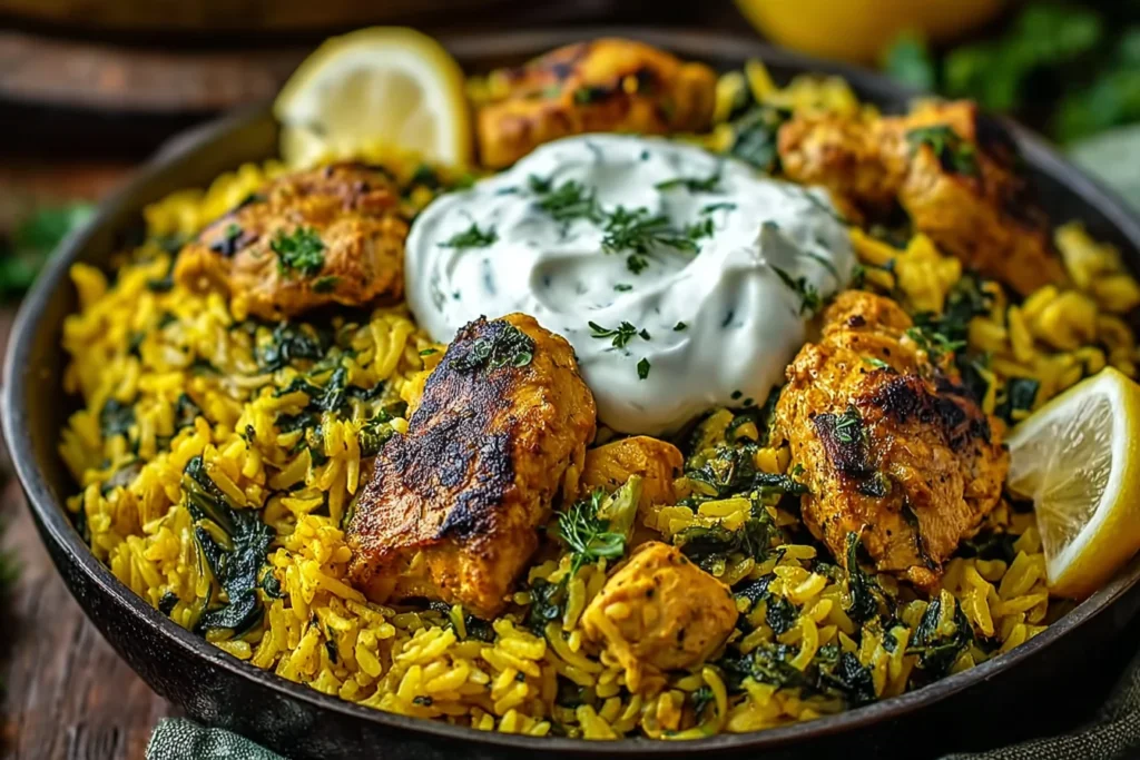 Anti-Inflammatory Turmeric Chicken & Rice in a skillet with golden turmeric rice, spinach, seared chicken pieces, lemon wedges, and a dollop of Greek yogurt.