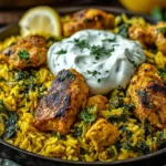 Anti-Inflammatory Turmeric Chicken & Rice in a skillet with golden turmeric rice, spinach, seared chicken pieces, lemon wedges, and a dollop of Greek yogurt.