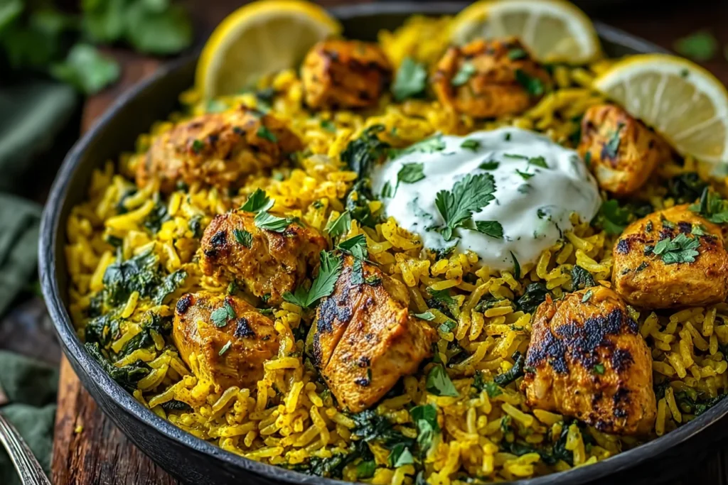 Anti-Inflammatory Turmeric Chicken & Rice skillet with golden basmati rice, spinach, seared turmeric chicken pieces, fresh herbs, lemon wedges, and Greek yogurt.