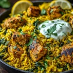 Anti-Inflammatory Turmeric Chicken & Rice skillet with golden basmati rice, spinach, seared turmeric chicken pieces, fresh herbs, lemon wedges, and Greek yogurt.