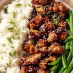 Asian High Protein Sesame Chicken bowl with glossy sesame glaze, white rice, and crisp green beans, topped with sesame seeds and scallions.