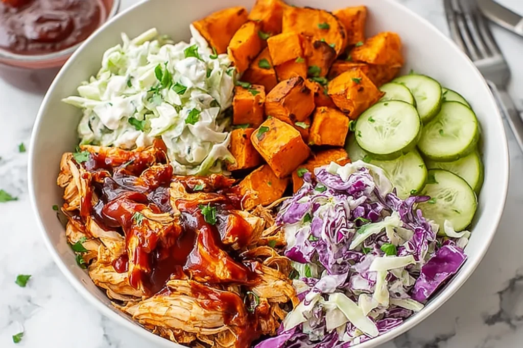 BBQ Chicken Bowls with Sweet Potatoes, Coleslaw, and Pickles featuring saucy shredded BBQ chicken, roasted sweet potatoes, creamy slaw, and fresh cucumber slices.