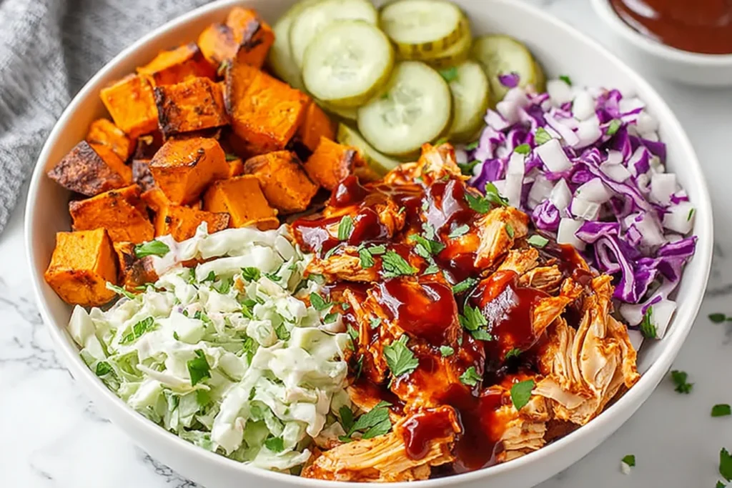 BBQ Chicken Bowls with roasted sweet potatoes, creamy coleslaw, tangy pickles, and saucy shredded chicken topped with fresh herbs.