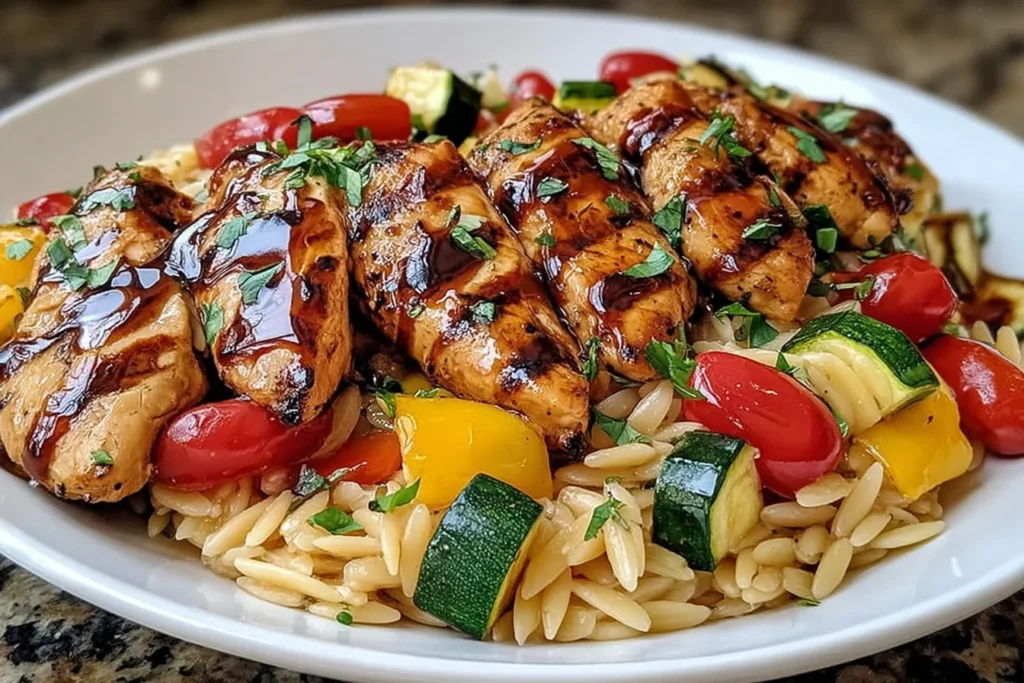 Balsamic Chicken & Veggie Orzo with balsamic-glazed chicken, tender orzo, cherry tomatoes, zucchini, yellow bell pepper, and fresh herbs.