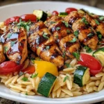 Balsamic Chicken & Veggie Orzo with balsamic-glazed chicken, tender orzo, cherry tomatoes, zucchini, yellow bell pepper, and fresh herbs.