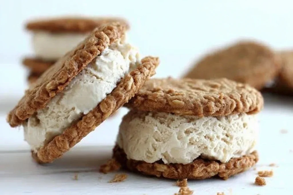 Biscoff Oatmeal Cookies ice cream sandwiches made with chewy oat cookies and a thick vanilla ice cream filling on a white surface.