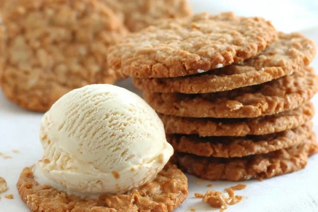 Biscoff Oatmeal Cookies served with a scoop of vanilla ice cream, showing crispy edges and chewy centers on a white plate.