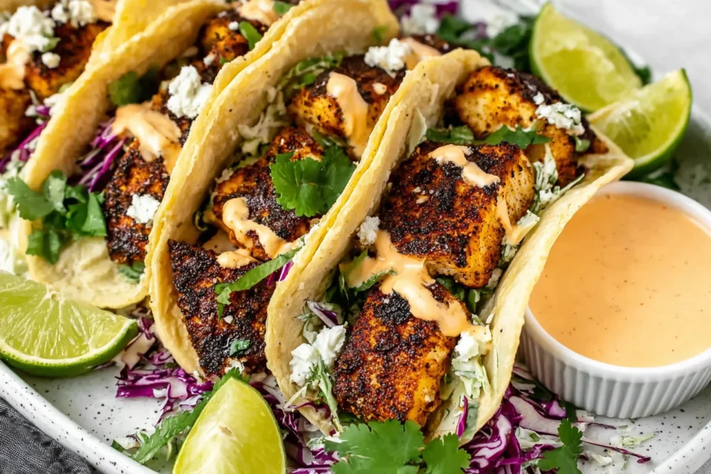 Blackened Fish Tacos stuffed with spicy blackened fish, shredded purple cabbage, cilantro, crumbled cheese, and creamy chipotle sauce with lime wedges.