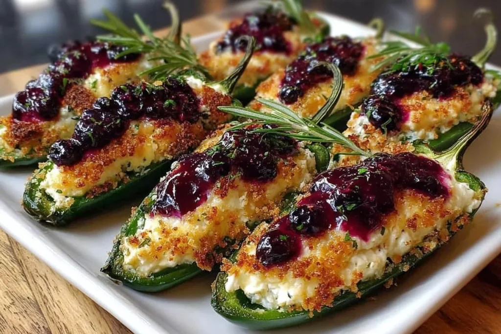 Blueberry Brie Jalapeño Poppers baked with creamy brie, blueberry topping, and fresh herbs on a white platter.