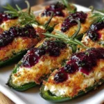 Blueberry Brie Jalapeño Poppers baked with creamy brie, blueberry topping, and fresh herbs on a white platter.